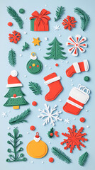 Christmas design elements - doodle xmas symbols 3d vector papercut