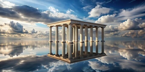 A structure with floating column over water reflecting cloudy sky