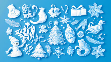 Christmas design elements - doodle xmas symbols 3d vector papercut