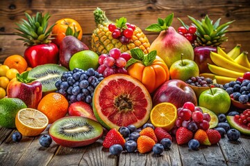 A colorful collection of fresh fruits showcased on a wooden table, designed to inspire healthy eating habits and