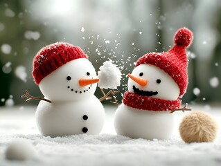 Whimsical snow creatures with charming round bodied forms and expressive facial features engaged in a lighthearted snowball battle crafting snow sculptures bundled up in cozy outerwear