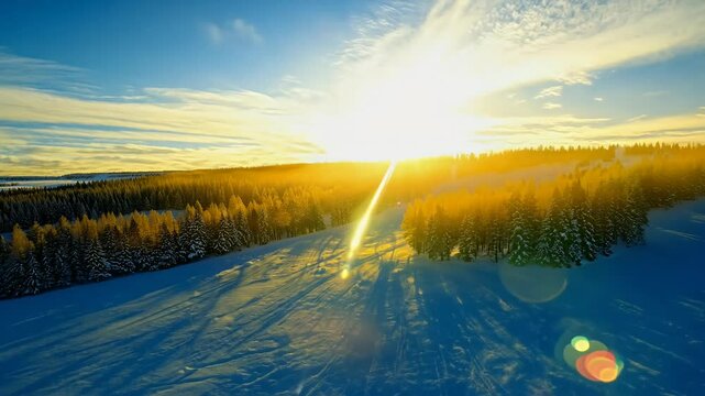 aweinspiring sight glorious golden sunrise breaking frozen winter morning aerial hyperlapse footage beautiful blue yellow sky sun rises