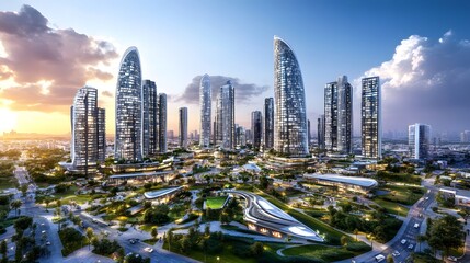 Obraz premium Overview of a futuristic cityscape with sleek skyscrapers, green spaces, and automated transportation systems