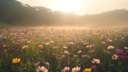 Fog lifting over a flower field in the early morning, revealing a colorful sea of flowers emerging from the mist 