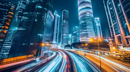 Urban futuristic skyline with sleek skyscrapers, vibrant lighting, and automated transportation systems
