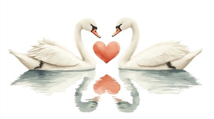 Fototapeta premium Cute Watercolor Swans Gliding on a Serene Lake