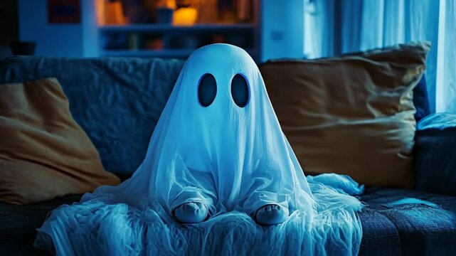 A ghost sits on a couch in a dimly lit living room