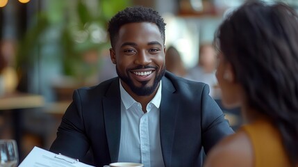 confident african realtor enthusiastically presenting a paper agreement to a couple showcasing professionalism and trust in a bright office setting conveying warmth and partnership