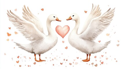 Obraz premium Cute Watercolor Geese Flying with Hearts