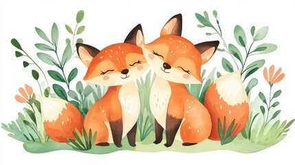 Fototapeta premium Cute Watercolor Foxes in a Loving Embrace