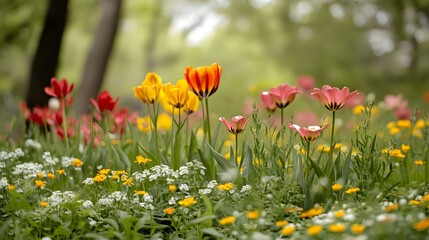 
A field of flowers with a variety of colors including pink, orange, and yellow. The flowers are arranged in a way that creates a sense of harmony and balance. The scene evokes a feeling of peace

