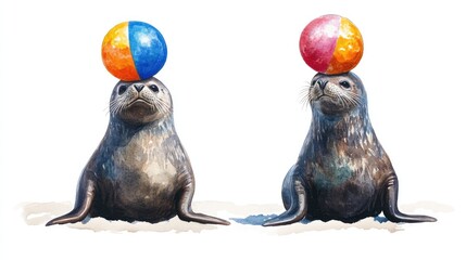 Fototapeta premium Cute Seals Balancing Balls in a Watercolor Style