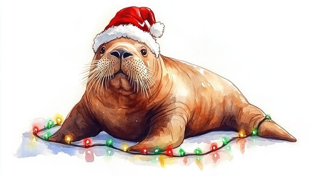 Cute Walrus in Christmas Hat with Colorful Lights