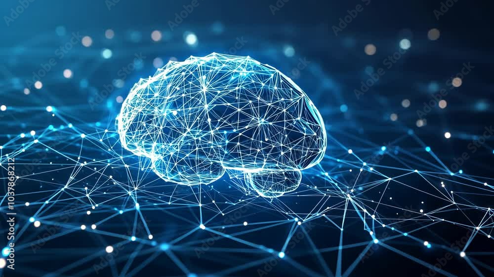 Aufkleber a digital representation of a brain sits on a blue network of lines and points