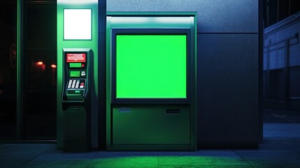 Fototapeta premium Urban Night Scene Featuring ATM With Vivid Green Screen and Blank Billboard