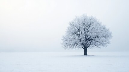 Fototapeta premium A solitary tree covered in snow against a foggy winter backdrop at dawn