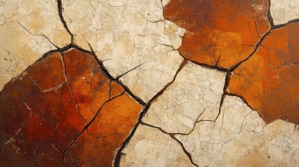A fascinating organic texture emerges from cracked earth, showcasing a blend of deep browns and rich oranges. Generative AI