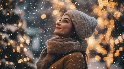Young woman enjoying snowfall under festive lights in a winter setting