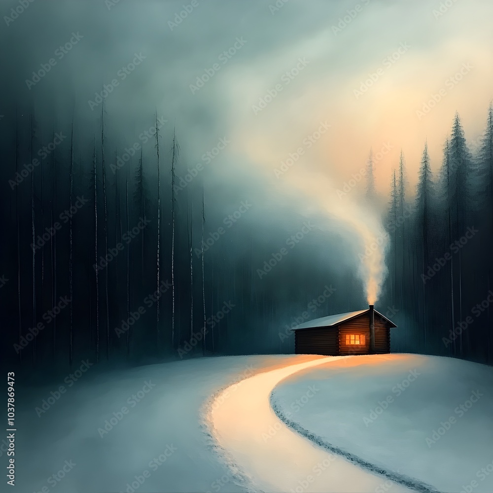 Aufkleber enchanting snow covered forest trail guiding the viewer towards a charming rustic log cabin with a g