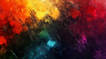 Fototapeta premium Dark Abstract Painting with Vibrant Red, Yellow, and Green Textured Strokes_7