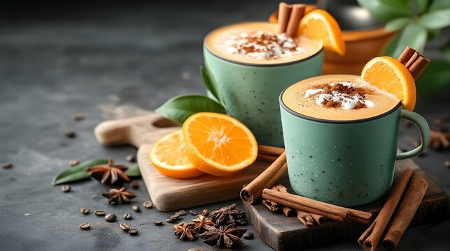 Detailed close up of aromatic Thai tea and rich coffee drinks highlighted by the warm glow of cinnamon sticks and zesty orange wedges captured in a moody