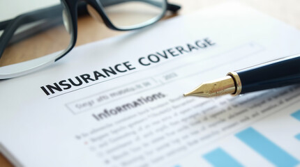 Obraz premium Insurance coverage document with pen and glasses on table