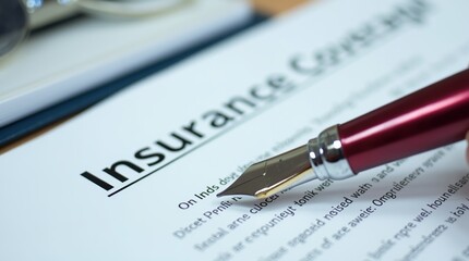 Insurance coverage document with fountain pen and glasses on desk
