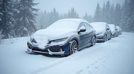 Cars covered in deep snow after a mountain snowstorm