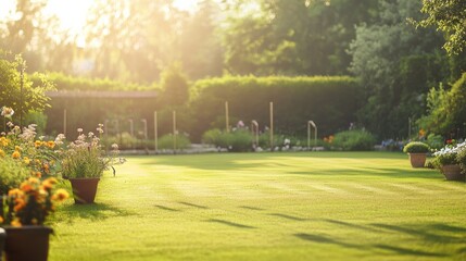 Obraz premium A serene outdoor croquet lawn with neatly arranged hoops and mallets, surrounded by blooming flowers and greenery, soft morning light enhancing the calm atmosphere