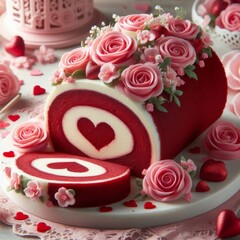 Sliced red velvet cake roll adorned with pink roses and heart decorations, perfect for Valentine’s