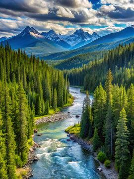 river in the mountains. lake, mountain, forest, nature, water, landscape, mountains, reflection, sky, trees, canada, tree, snow, park, travel, river, clouds, pine, scenic, summer, alberta, green, banf