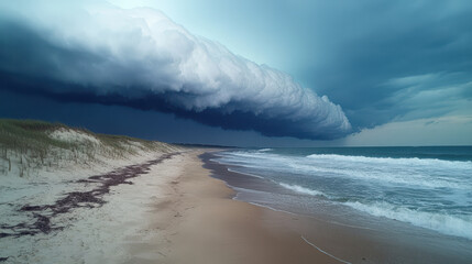 serene beach scene is dramatically transformed by fast approaching storm, showcasing dark clouds looming over calm ocean waves. contrast evokes sense of anticipation and awe