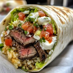 Carne Asada Burrito that consists of a flour tortilla cooked to perfection and filled with layers of rice, beans, pico de Gallo, lettuce sour cream, mozzarella cheese, guacamole