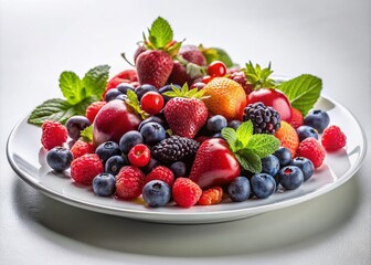 Obraz premium An attractive selection of fresh berries displayed on a pristine white plate, providing a healthy and delicious option