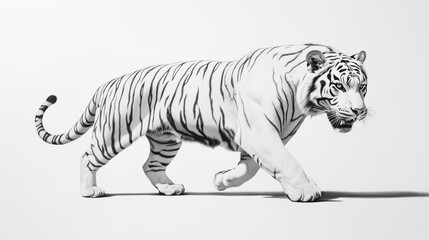 Naklejka premium White tiger walking forward, focused gaze, sharp black stripes on white fur