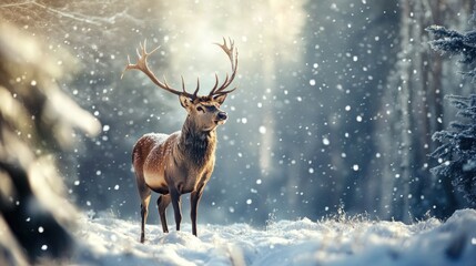 Majestic Deer in Snowy Forest Landscape