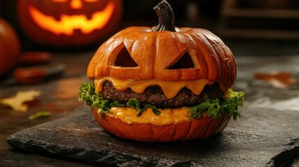 Halloween-Themed Burger in Pumpkin Shape