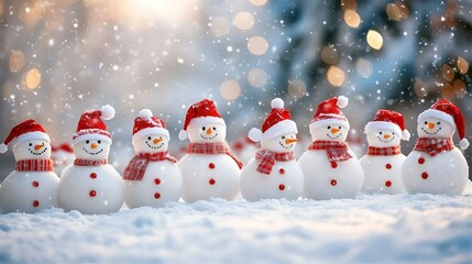Fototapeta premium Santa Claus and a snowman beside a decorated Christmas tree in a snowy landscape