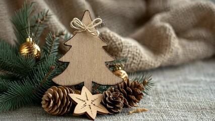 A wooden Christmas tree ornament rests on a burlap background surrounded by pine branches, pinecones, and a gold bauble - Powered by Adobe