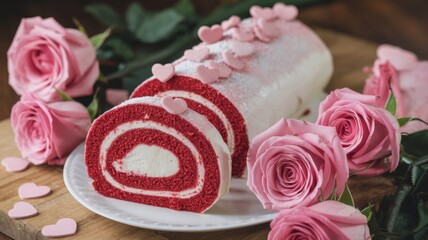 Sliced red velvet cake roll adorned with pink roses and heart decorations, perfect for Valentine’s