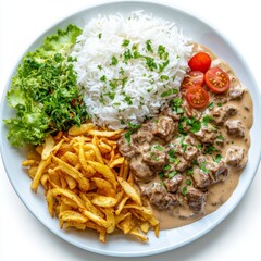 plate of food featuring a creamy portion of Brazilian beef stroganoff, positioned slightly to the right, accompanied by fluffy white rice, a fresh salad of lettuce, onions, and tomatoes
