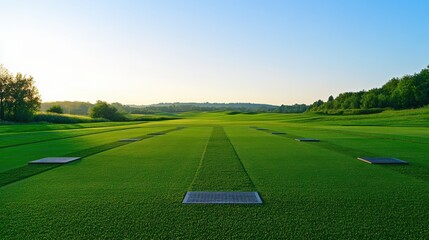 Naklejka premium A serene outdoor golf driving range with neatly aligned tee boxes and a distant view of rolling hills, surrounded by lush green grass and clear blue sky, early morning light adding a peaceful touch