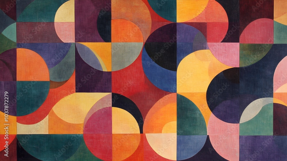 Poster abstract geometric pattern with colorful circles and semi circles on textured background