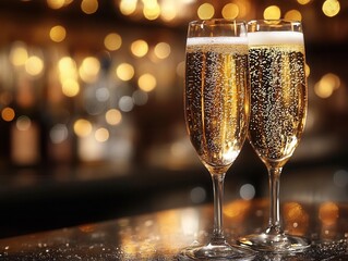 chilled champagne glasses brimming with bubbly, set against a backdrop of shimmering gold bokeh, evoking a celebratory mood perfect for invitations and festive occasions