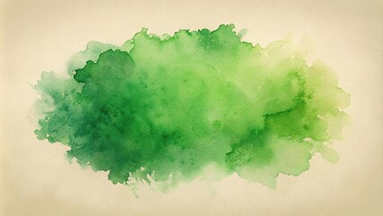 Abstract watercolor painting of green blot on beige background