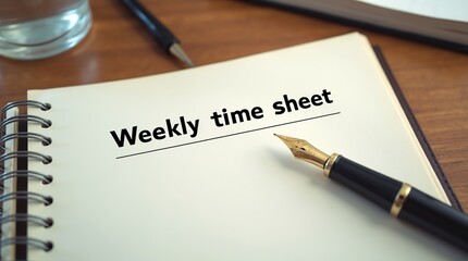 Weekly time sheet with fountain pen and glass on desk