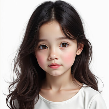 Young girl with long brown hair and brown eyes is sitting in a white shirt