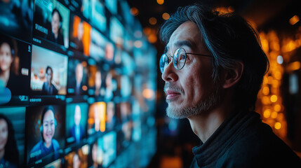 Close-up view of a man observing a large video wall, filled with numerous video feeds and conference call in progress.