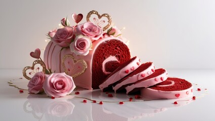 Sliced red velvet cake roll adorned with pink roses and heart decorations, perfect for Valentine’s