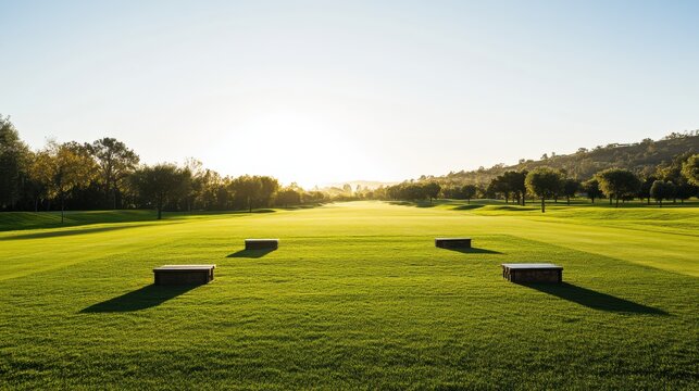 A serene outdoor golf driving range with well-maintained grass and neatly arranged practice tees, surrounded by open fields and a clear sky, early morning light creating a tranquil ambiance